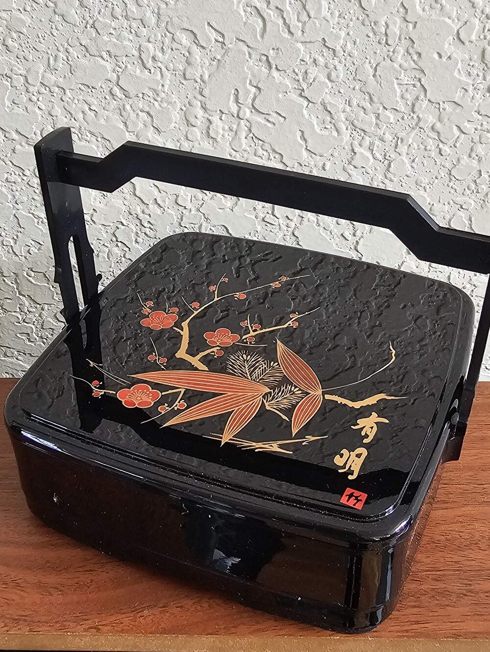 Vintage Black Lacquered Japanese Style Bento Box with Floral Gold & Red Design